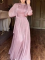 Elegant mauve pleated evening gown with rhinestone high neck and lantern sleeves - S / Dusty Pink
