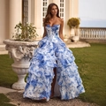 Trägerloses Kleid mit Blumenmuster, Korsett-Oberteil und gestuftem Vokuhila-Saum - XS / Kleider / Blau Bedruckt