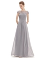Detail of grey lace embroidery and pleated waist on a floor-length chiffon evening dress - S / Dresses / Gray