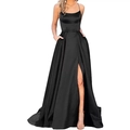 Detalle del elegante vestido de noche de satén negro con bolsillos y abertura lateral alta - S / Vestidos / Negro