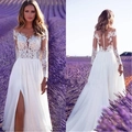 White lace long sleeve wedding bridesmaid dress with open back and high slit detail - S / White