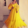 Elegant yellow off-shoulder tulle ball gown with puff sleeves for formal parties - S / Dresses / Yellow