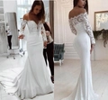 Front and side view of white off-shoulder lace mermaid wedding dress with long sleeves - S / Dresses / White