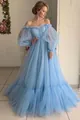 Elegant light blue off-the-shoulder mesh gown with puff sleeves and layered skirt - S / Dresses / Blue