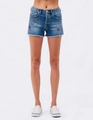 Damen Denim-Shorts mit hoher Taille, bunten Sternstickereien und Fransen am Saum - S / Hellblau