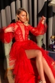 Detail of red lace bodice with sheer polka dot mesh lantern sleeves on evening gown - S / Tops / Red