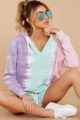 Damen 3-Farben Tie-Dye Lounge-Set mit V-Ausschnitt Hoodie und passenden Shorts in Lila-Rosa - S / Pants / Violettblau