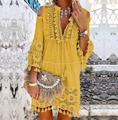 Yellow bohemian mini dress featuring lace embroidery, tassel trim, and cold-shoulder design - S / Yellow