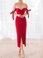 Dettaglio abito midi rosso con spalle scoperte, maniche con fiocco e spacco laterale - S / Rosso