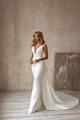 Elegant white satin mermaid wedding dress with deep V-neck and long sweeping train - S / White