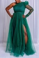 Detail of elegant dark green mesh evening gown featuring high slit and layered tulle fabric - Dark Green