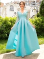 Elegante hellblaue Abendrobe mit V-Ausschnitt, Spitzenoberteil und plissiertem Satinrock - S / Hellblau