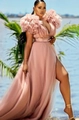 Elegant pink mesh maxi dress with deep V-neck, ruffle shoulders, and high side slit - L / Dresses / Lotus root pink