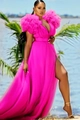 Elegant hot pink maxi dress with deep V-neck, ruffle shoulders, and side leg slit - Rose Red