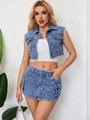Dames tweedelige denim set met crop vest en cargo rok met 3D rozen reliëf en stoere look - S / Tops / Blauw