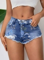 Short en jean taille haute bleu pour femme avec imprimé fleuri et ourlets effilochés - S / Bleu
