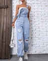 Détail de la salopette en jean bleu clair avec genoux déchirés et coupe à taille haute - XS / Bleu clair