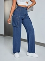 Damen High Waist Loose Straight Leg Cargo Jeans in Mittelblau mit großen Seitentaschen - M / Blau