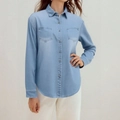 Detail of light blue denim shirt featuring classic lapel and front button closure - 2XL / Light Blue