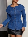 Women's dark blue denim jacket featuring a bold sailor collar and vintage metal buttons - S / Blue