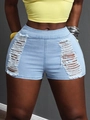 Lichtblauwe denim shorts met hoge taille, distressed uitsnijdingen en franjes - S / Blauw