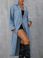 Detail of mid-blue washed denim trench coat with large pockets and metal buttons - M / Blue