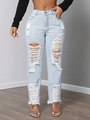 Damen Jeans in Hellblau mit modischen Rissen und unregelmäßigem Fransen am Beinsaum - S / Blau