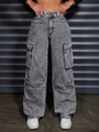 Jeans cargo vintage a vita alta da donna con gamba larga e grandi tasche laterali - S / Grigio