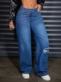 Détail du jean bleu à jambe large avec taille asymétrique et genou déchiré tendance - S / Bleu