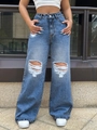 Dames jeans met hoge taille en wijde pijpen met scheuren in donkerblauw voor streetwear - XS / Middelblauw