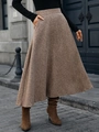Elegant brown high-waisted wool A-line midi skirt with vintage weave texture and heavy drape - S / Brown