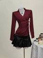 Women's wine red wrap blouse with side bow ties and black pleated faux leather skirt - S / Tops / Burgundy