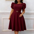 Detail of burgundy dress featuring vintage puff sleeves and gold buckle belt waist - S / Burgundy