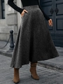 Macro detail of high-waist grey wool A-line skirt with elegant drape texture - S / Black