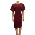 Slim fit wine red dress with ruffle sleeves and faux wrap detail for elegant office wear - S / Burgundy