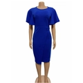 Elegant royal blue bandage dress with ruffle cape sleeves and asymmetric slit hem - S / Blue