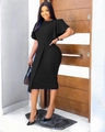 Elegante vestido midi negro ajustado con mangas de volante y diseño de cintura alta - S / Negro