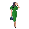 Slim fit dark green dress with ruffle sleeves, decorative waist buttons and midi length - S / Bright Green