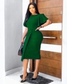 Vestido ajustado verde oscuro con mangas de volante y botones decorativos laterales - S / verde oscuro