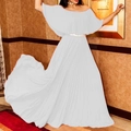 Detailed close-up of white off-shoulder pleated maxi dress with gold belt accent - S / White
