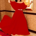 Elegant off-shoulder pleated long dress in red with a slim gold belt for women - S / Red