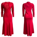 Front and back detail of a red high-waist mermaid dress with mesh cutout neckline - S / Red