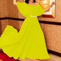 Neon yellow off-shoulder pleated maxi dress with elegant silver belt for women - S / Yellow