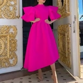 Elegant rose red midi dress with double-layered ruffle sleeves for formal evening party - S / Rose Red