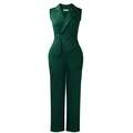 Detail of dark green sleeveless jumpsuit showing lapel collar and belted waist design - S / Green