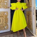 Neon yellow high neck dress with layered ruffle sleeves and flared A-line skirt - S / Yellow
