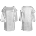 Vorder- und Rückansicht eines weißen Satin-A-Linien-Kleides mit Puffärmeln und glatter Textur - S / Weiß