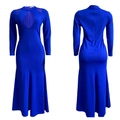 Detailed view of royal blue mermaid gown with mesh cut-outs on chest and shoulders - S / Blue