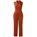Detail of caramel sleeveless jumpsuit featuring a notched lapel and waist belt buckle - Brown