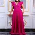 Elegant rose red pleated wide-leg jumpsuit with deep V-neck and ruffled short sleeves - S / Rose Red